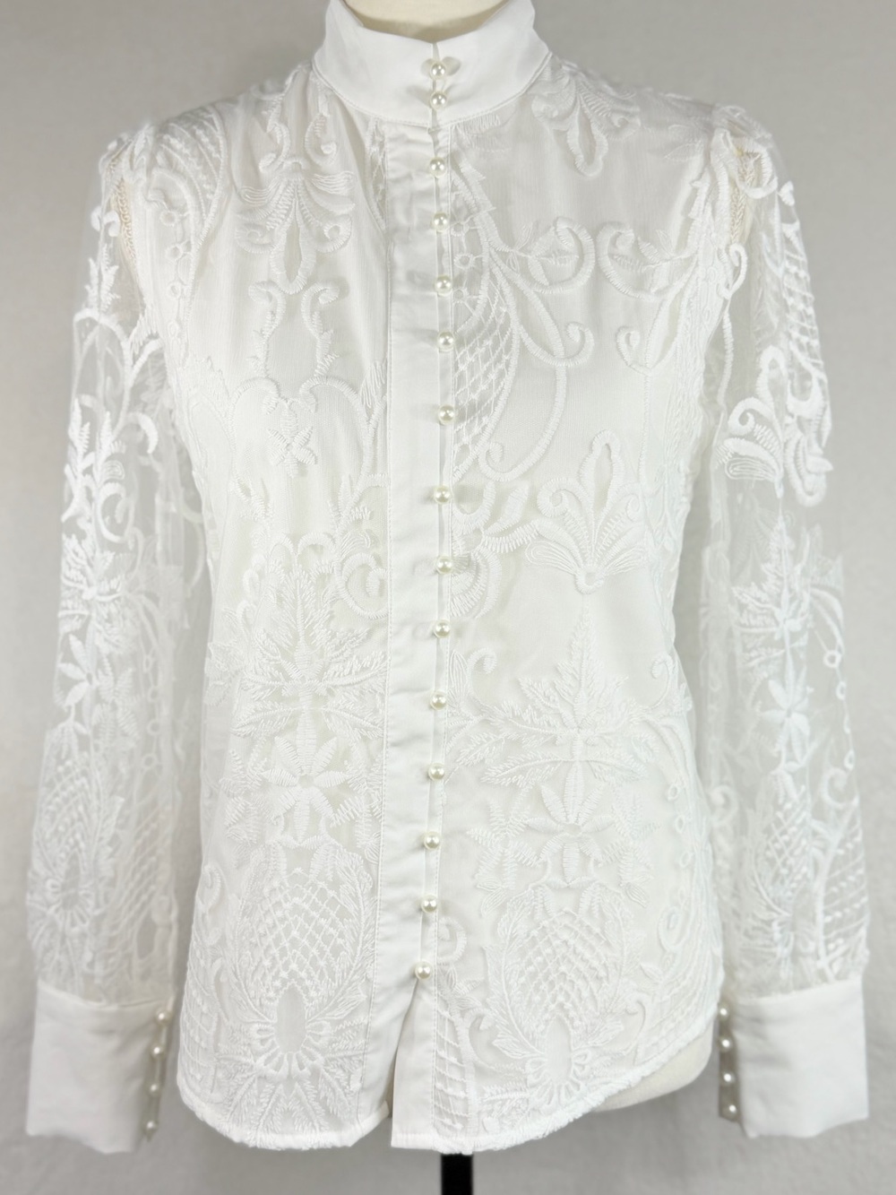 Chicme Embroidered Lace Blouse Sheer Sleeves Pearl Button Front